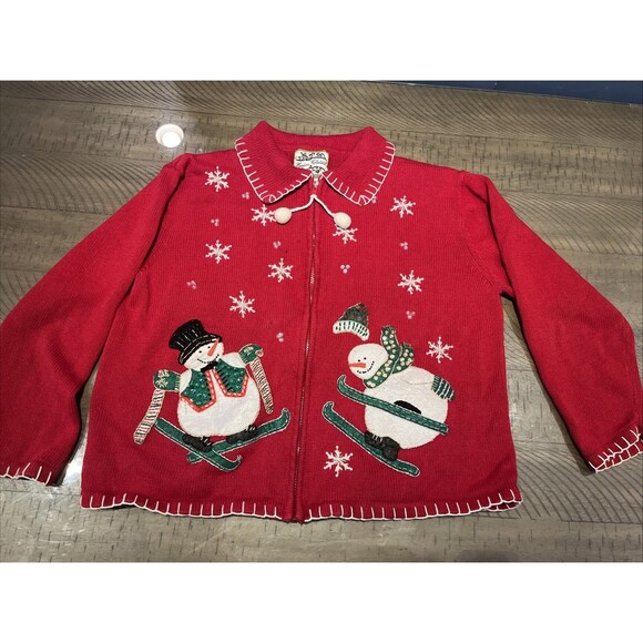VINTAGE HEIRLOOM COLLECTIBL ugly CHRISTMAS SWEATER Cardigan SNOWMEN Sz XL Zip Up - Picture 1 of 14